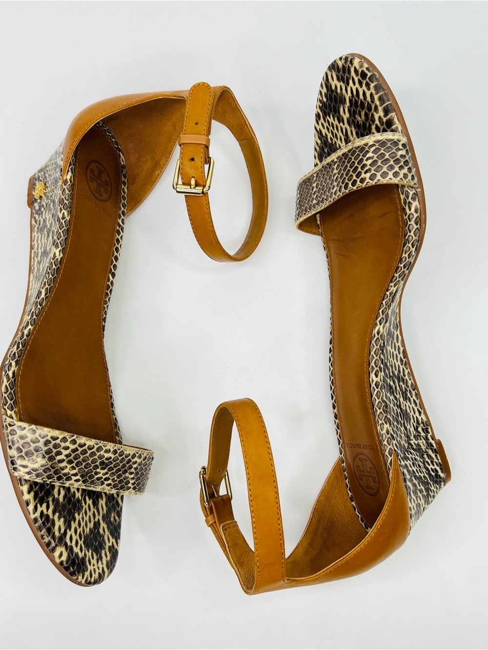Tory Burch Savannah Snakeskin/Tan Wedge Ankle Strap Sandals Size 11 - Picture 12 of 15